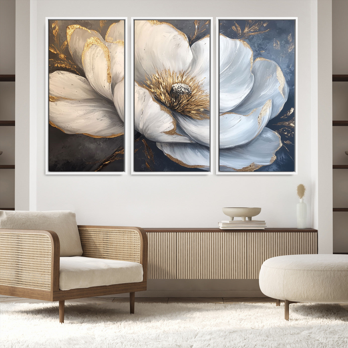 82996-MGV-FC-48X32-3P_White-White Magnolia Flower Wall Art Canvas Print | Abstract Floral Wall Decor | Elegant Bloom Artwork | Framed for Living Room or Bedroom