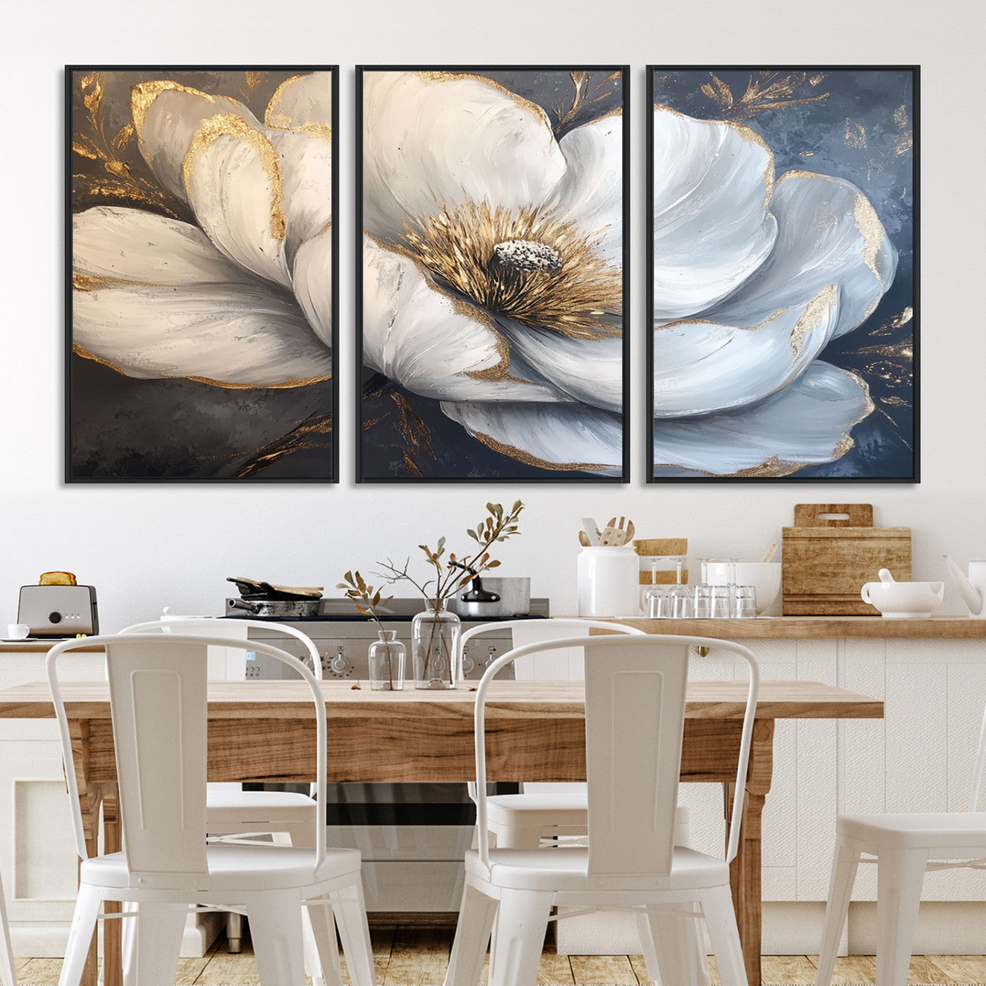 82996-MGV-FC-60X30-3P_Black-White Magnolia Flower Wall Art Canvas Print | Abstract Floral Wall Decor | Elegant Bloom Artwork | Framed for Living Room or Bedroom