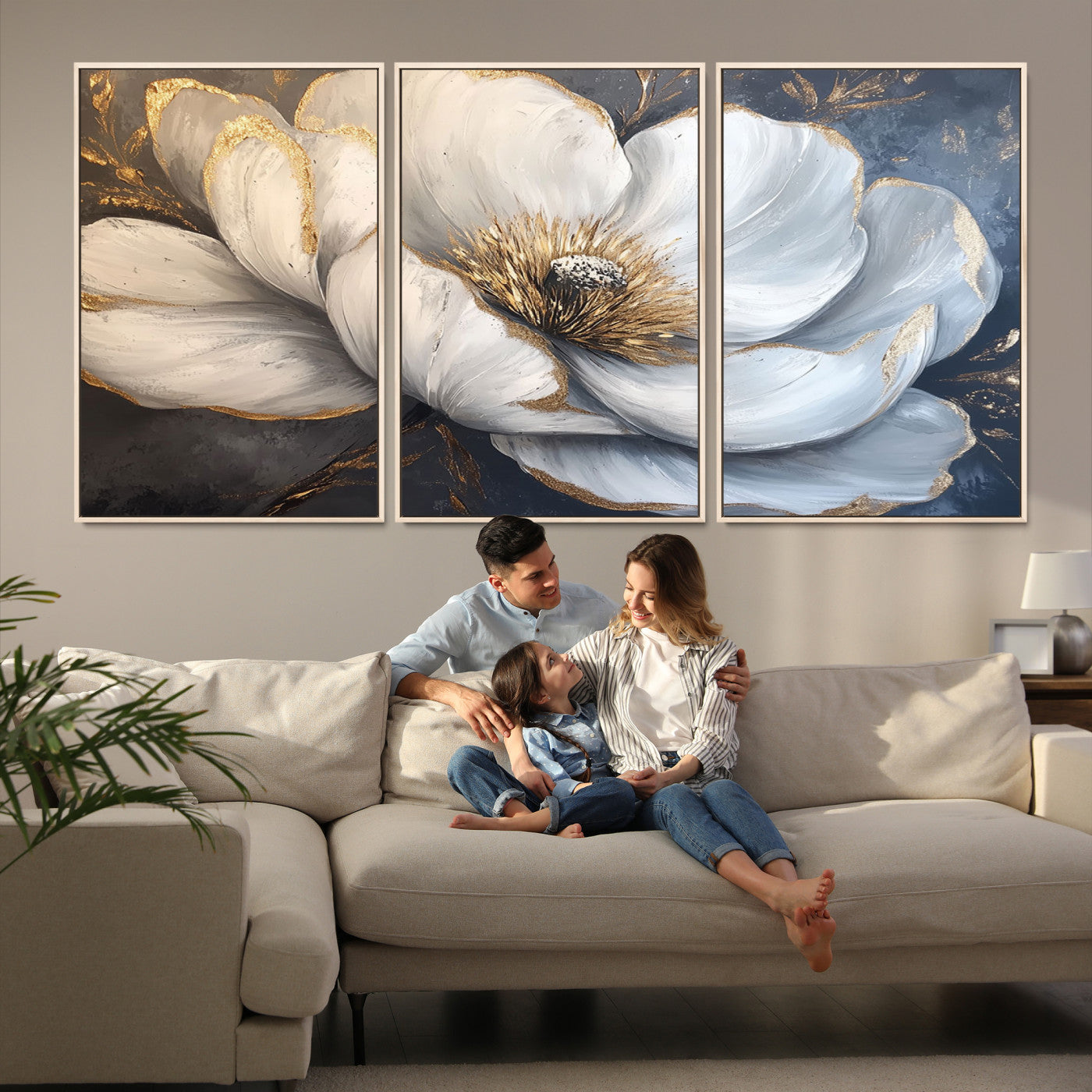82996-MGV-FC-60X30-3P_Natural-White Magnolia Flower Wall Art Canvas Print | Abstract Floral Wall Decor | Elegant Bloom Artwork | Framed for Living Room or Bedroom