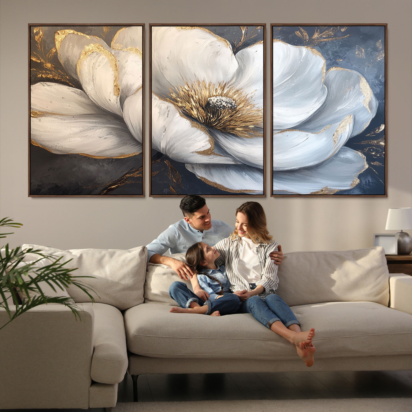 82996-MGV-FC-60X30-3P_Walnut-White Magnolia Flower Wall Art Canvas Print | Abstract Floral Wall Decor | Elegant Bloom Artwork | Framed for Living Room or Bedroom