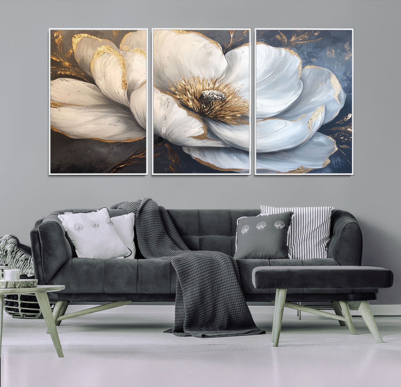 82996-MGV-FC-60X30-3P_White-White Magnolia Flower Wall Art Canvas Print | Abstract Floral Wall Decor | Elegant Bloom Artwork | Framed for Living Room or Bedroom