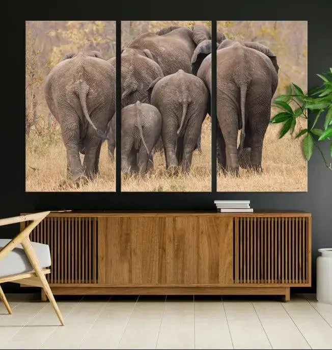 The "Wild Elephant Wall Art Canvas Print" features a triptych of elephants walking away, presented on museum-quality canvas with a UV-protective coating.