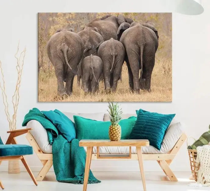 The "Wild Elephant Wall Art Canvas Print" features a triptych of elephants walking away, presented on museum-quality canvas with a UV-protective coating.