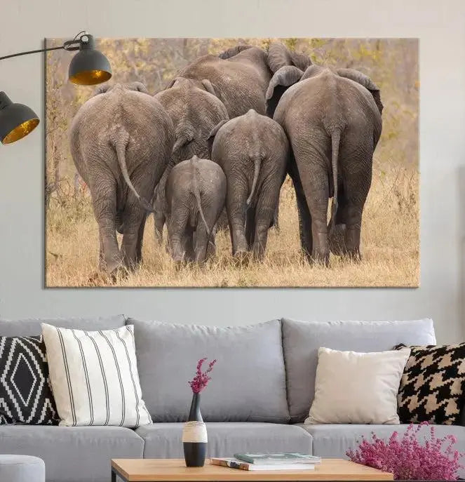 The "Wild Elephant Wall Art Canvas Print" features a triptych of elephants walking away, presented on museum-quality canvas with a UV-protective coating.