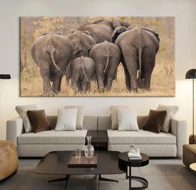 The "Wild Elephant Wall Art Canvas Print" features a triptych of elephants walking away, presented on museum-quality canvas with a UV-protective coating.