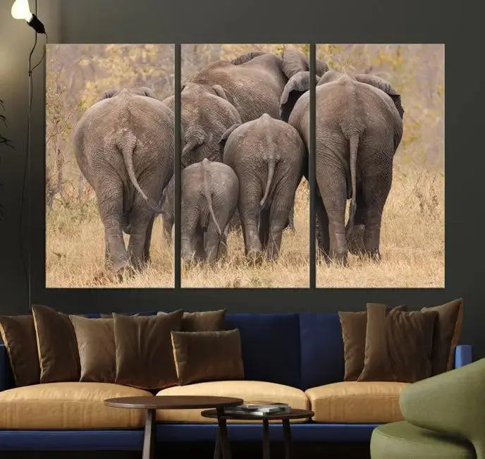 The "Wild Elephant Wall Art Canvas Print" features a triptych of elephants walking away, presented on museum-quality canvas with a UV-protective coating.