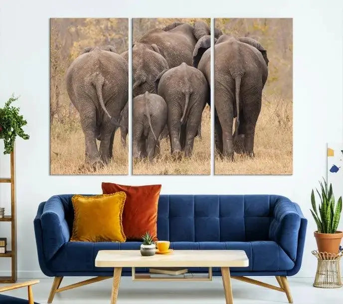 The "Wild Elephant Wall Art Canvas Print" features a triptych of elephants walking away, presented on museum-quality canvas with a UV-protective coating.