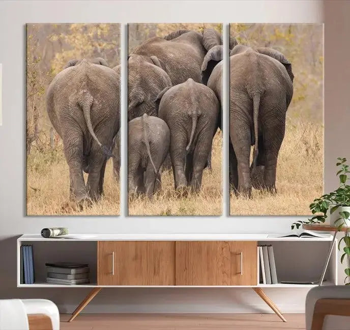 The "Wild Elephant Wall Art Canvas Print" features a triptych of elephants walking away, presented on museum-quality canvas with a UV-protective coating.