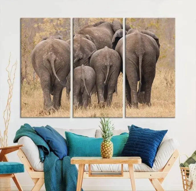 The "Wild Elephant Wall Art Canvas Print" features a triptych of elephants walking away, presented on museum-quality canvas with a UV-protective coating.