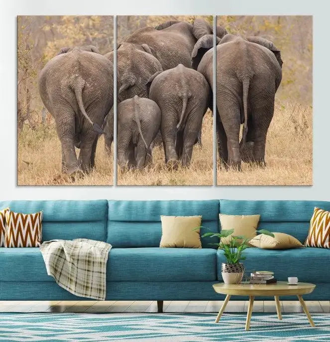 The "Wild Elephant Wall Art Canvas Print" features a triptych of elephants walking away, presented on museum-quality canvas with a UV-protective coating.