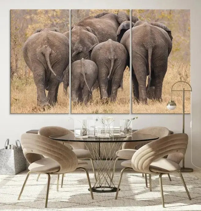 The "Wild Elephant Wall Art Canvas Print" features a triptych of elephants walking away, presented on museum-quality canvas with a UV-protective coating.