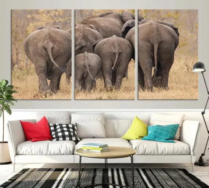 The "Wild Elephant Wall Art Canvas Print" features a triptych of elephants walking away, presented on museum-quality canvas with a UV-protective coating.