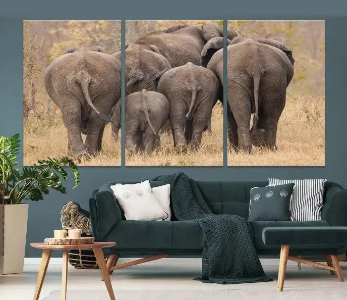 The "Wild Elephant Wall Art Canvas Print" features a triptych of elephants walking away, presented on museum-quality canvas with a UV-protective coating.