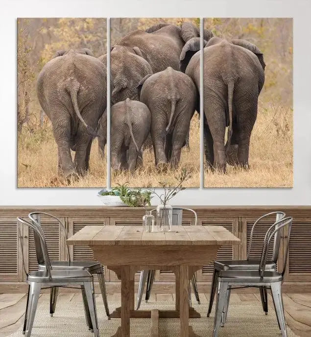 The "Wild Elephant Wall Art Canvas Print" features a triptych of elephants walking away, presented on museum-quality canvas with a UV-protective coating.