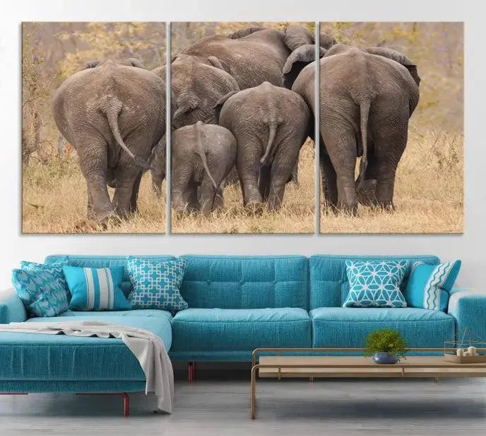 The "Wild Elephant Wall Art Canvas Print" features a triptych of elephants walking away, presented on museum-quality canvas with a UV-protective coating.