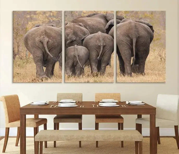 The "Wild Elephant Wall Art Canvas Print" features a triptych of elephants walking away, presented on museum-quality canvas with a UV-protective coating.