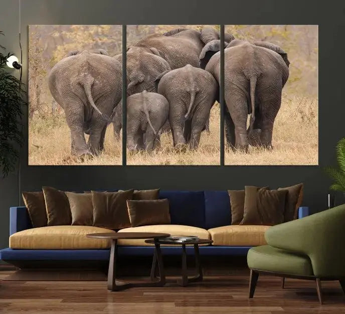 The "Wild Elephant Wall Art Canvas Print" features a triptych of elephants walking away, presented on museum-quality canvas with a UV-protective coating.