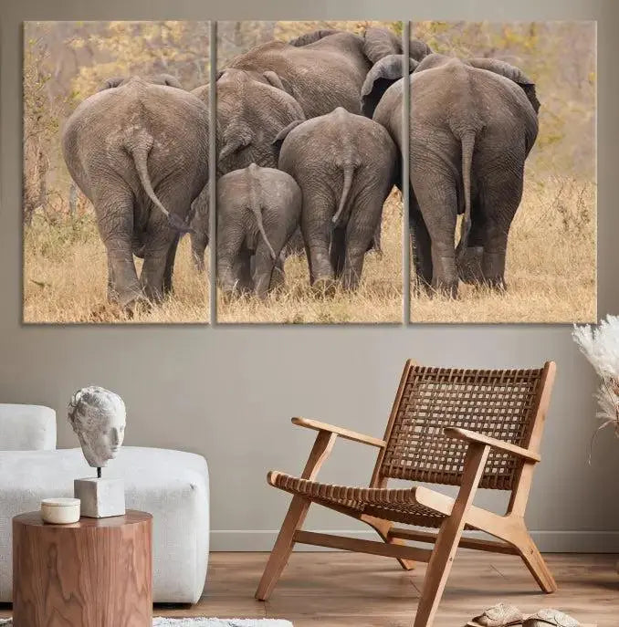 The "Wild Elephant Wall Art Canvas Print" features a triptych of elephants walking away, presented on museum-quality canvas with a UV-protective coating.