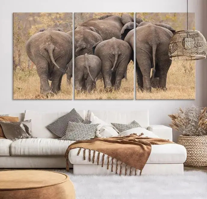 The "Wild Elephant Wall Art Canvas Print" features a triptych of elephants walking away, presented on museum-quality canvas with a UV-protective coating.