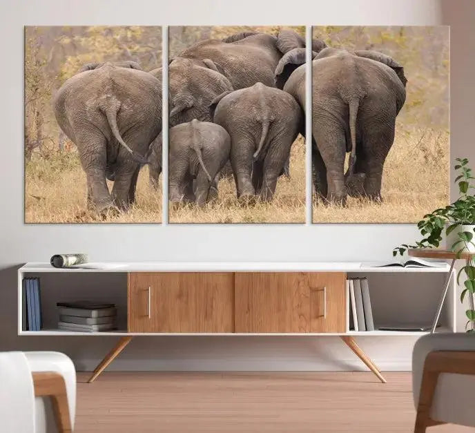 The "Wild Elephant Wall Art Canvas Print" features a triptych of elephants walking away, presented on museum-quality canvas with a UV-protective coating.