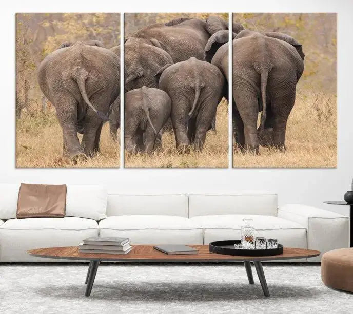 The "Wild Elephant Wall Art Canvas Print" features a triptych of elephants walking away, presented on museum-quality canvas with a UV-protective coating.