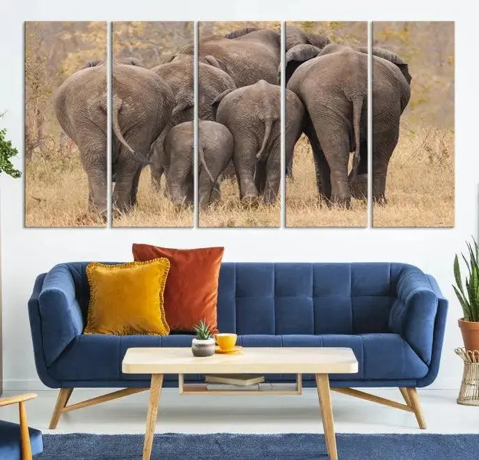 The "Wild Elephant Wall Art Canvas Print" features a triptych of elephants walking away, presented on museum-quality canvas with a UV-protective coating.