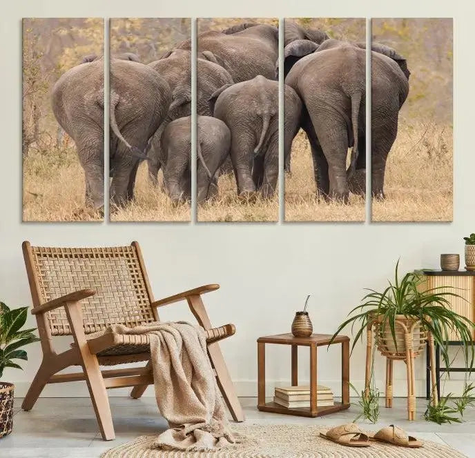 The "Wild Elephant Wall Art Canvas Print" features a triptych of elephants walking away, presented on museum-quality canvas with a UV-protective coating.