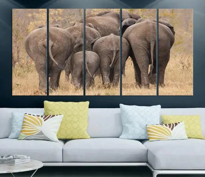 The "Wild Elephant Wall Art Canvas Print" features a triptych of elephants walking away, presented on museum-quality canvas with a UV-protective coating.