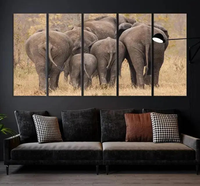 The "Wild Elephant Wall Art Canvas Print" features a triptych of elephants walking away, presented on museum-quality canvas with a UV-protective coating.