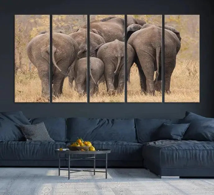 The "Wild Elephant Wall Art Canvas Print" features a triptych of elephants walking away, presented on museum-quality canvas with a UV-protective coating.