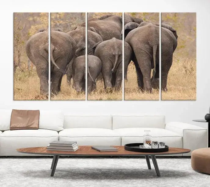 The "Wild Elephant Wall Art Canvas Print" features a triptych of elephants walking away, presented on museum-quality canvas with a UV-protective coating.