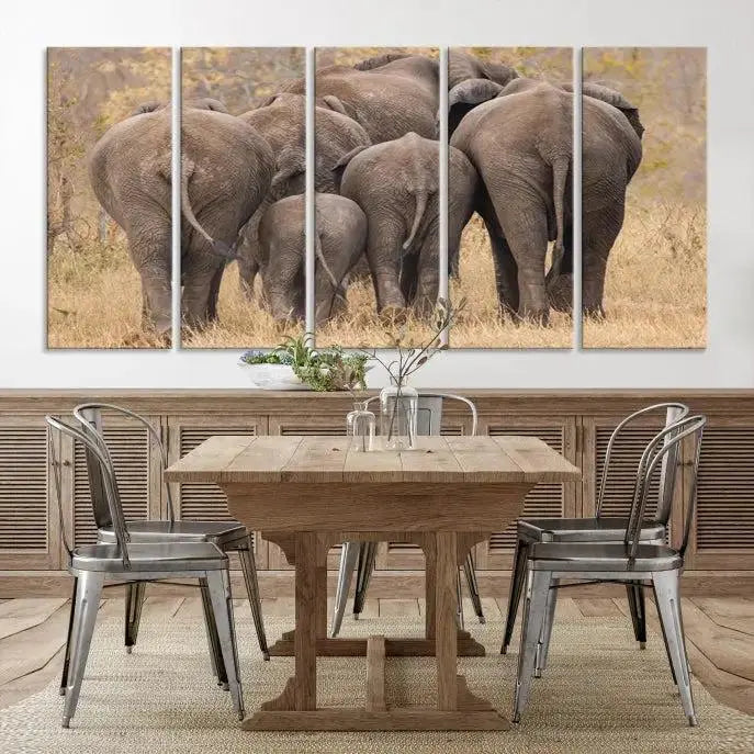 The "Wild Elephant Wall Art Canvas Print" features a triptych of elephants walking away, presented on museum-quality canvas with a UV-protective coating.