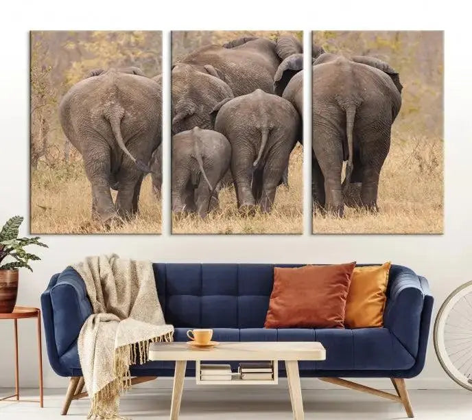 The "Wild Elephant Wall Art Canvas Print" features a triptych of elephants walking away, presented on museum-quality canvas with a UV-protective coating.