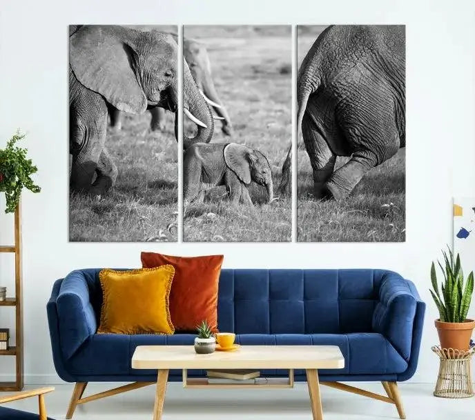 The living room is beautifully accented with the Wild Elephant Wall Art Canvas Print. This triptych, ready to hang, boasts museum-quality canvas and a UV-protective coating to ensure long-lasting vibrancy.