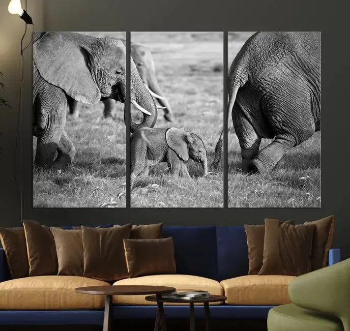 The living room is beautifully accented with the Wild Elephant Wall Art Canvas Print. This triptych, ready to hang, boasts museum-quality canvas and a UV-protective coating to ensure long-lasting vibrancy.