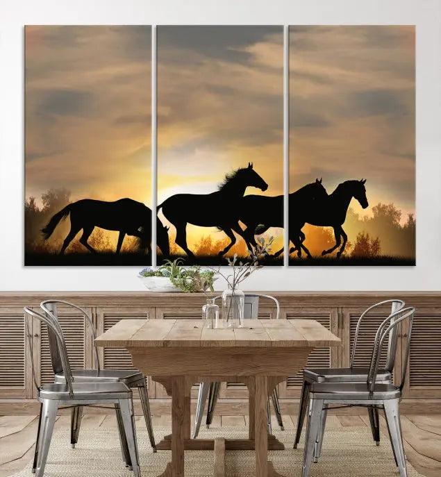 The "Wild Horses Riding Wall Art Canvas Print" features galloping horses at sunset, crafted on museum-quality canvases and finished with a satin varnish for an exquisite touch.