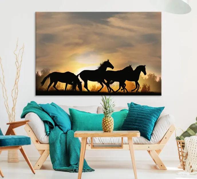 The "Wild Horses Riding Wall Art Canvas Print" features galloping horses at sunset, crafted on museum-quality canvases and finished with a satin varnish for an exquisite touch.