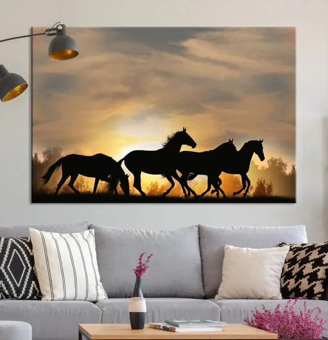 The "Wild Horses Riding Wall Art Canvas Print" features galloping horses at sunset, crafted on museum-quality canvases and finished with a satin varnish for an exquisite touch.