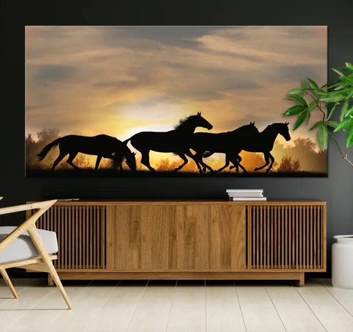 The "Wild Horses Riding Wall Art Canvas Print" features galloping horses at sunset, crafted on museum-quality canvases and finished with a satin varnish for an exquisite touch.