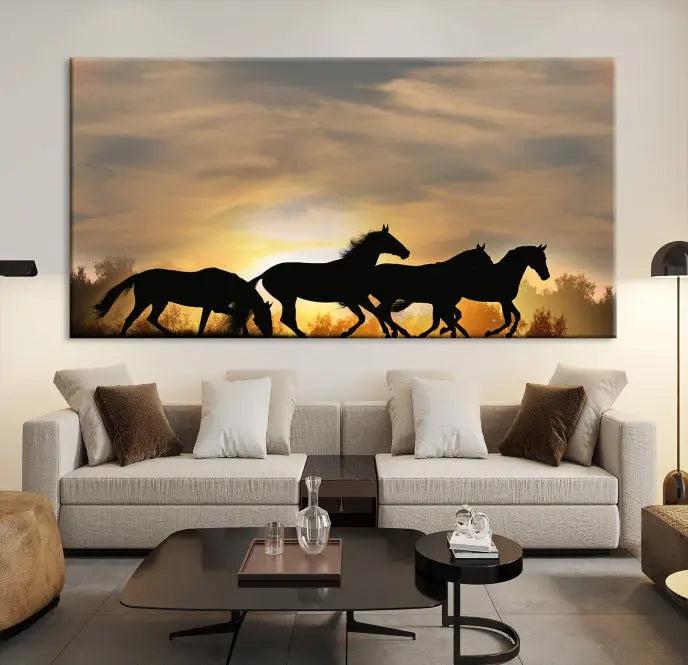 The "Wild Horses Riding Wall Art Canvas Print" features galloping horses at sunset, crafted on museum-quality canvases and finished with a satin varnish for an exquisite touch.