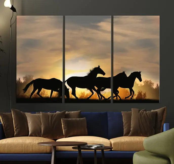 The "Wild Horses Riding Wall Art Canvas Print" features galloping horses at sunset, crafted on museum-quality canvases and finished with a satin varnish for an exquisite touch.