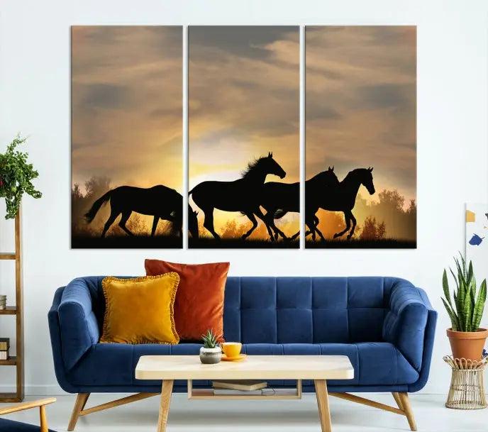 The "Wild Horses Riding Wall Art Canvas Print" features galloping horses at sunset, crafted on museum-quality canvases and finished with a satin varnish for an exquisite touch.