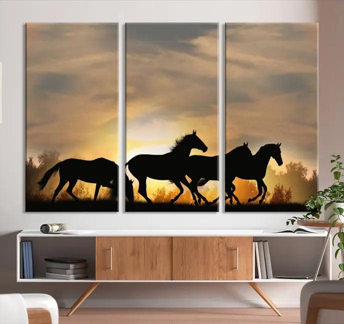 The "Wild Horses Riding Wall Art Canvas Print" features galloping horses at sunset, crafted on museum-quality canvases and finished with a satin varnish for an exquisite touch.