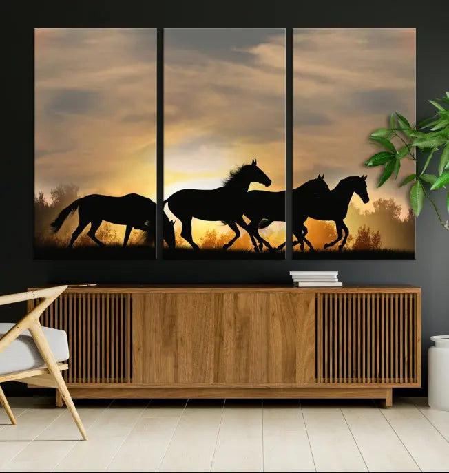 The "Wild Horses Riding Wall Art Canvas Print" features galloping horses at sunset, crafted on museum-quality canvases and finished with a satin varnish for an exquisite touch.