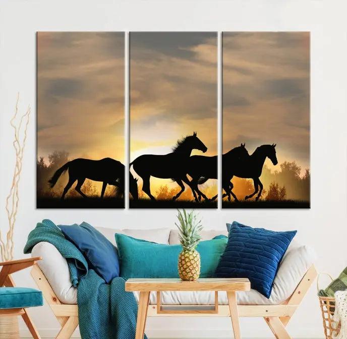 The "Wild Horses Riding Wall Art Canvas Print" features galloping horses at sunset, crafted on museum-quality canvases and finished with a satin varnish for an exquisite touch.