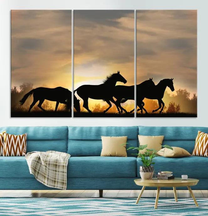 The "Wild Horses Riding Wall Art Canvas Print" features galloping horses at sunset, crafted on museum-quality canvases and finished with a satin varnish for an exquisite touch.