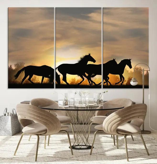 The "Wild Horses Riding Wall Art Canvas Print" features galloping horses at sunset, crafted on museum-quality canvases and finished with a satin varnish for an exquisite touch.