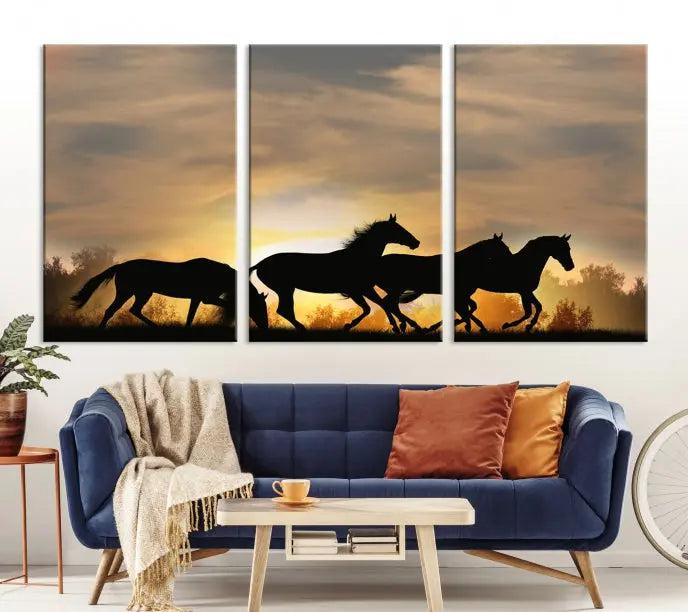 The "Wild Horses Riding Wall Art Canvas Print" features galloping horses at sunset, crafted on museum-quality canvases and finished with a satin varnish for an exquisite touch.