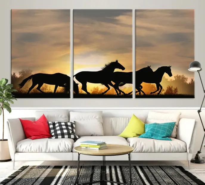 The "Wild Horses Riding Wall Art Canvas Print" features galloping horses at sunset, crafted on museum-quality canvases and finished with a satin varnish for an exquisite touch.