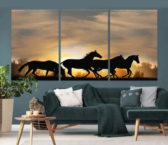 The "Wild Horses Riding Wall Art Canvas Print" features galloping horses at sunset, crafted on museum-quality canvases and finished with a satin varnish for an exquisite touch.